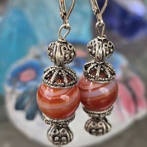 Elegant Silver and Red Agate Beaded Pierced Dangle Earrings 2".